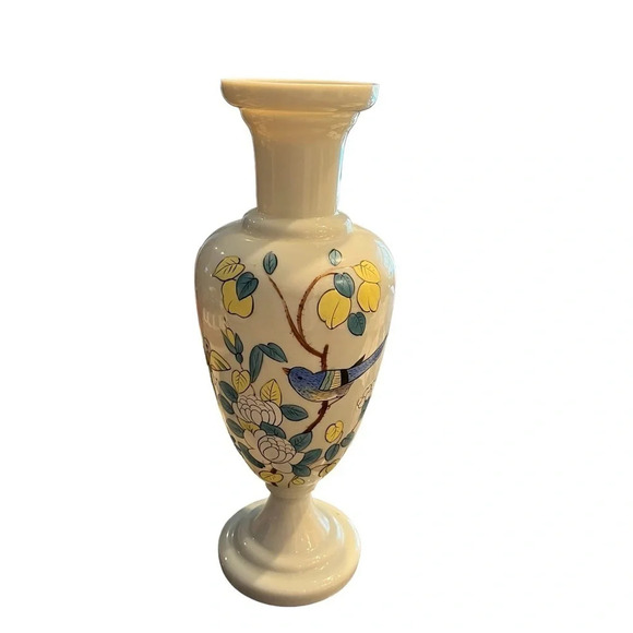 Antique Bristol Glass Victorian Gray Hand Painted Vase Bird Flowers Butterfly - Picture 4 of 10